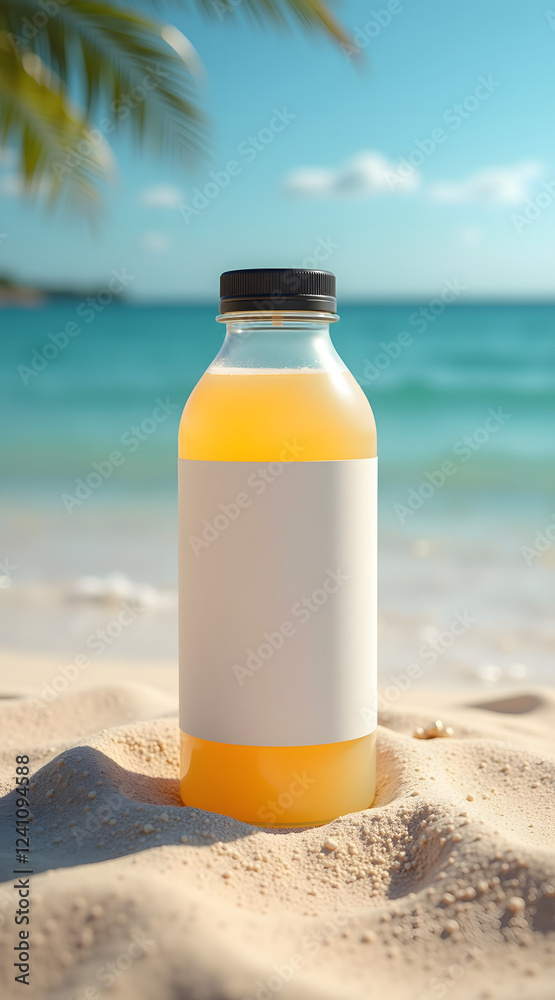 A refreshing bottle of orange drink sits in the sand on a sunny beach with turquoise waters and a clear sky in the background A refreshing bottle of orange drink sits in the sand on a sunny beach with turquoise waters and a clear sky in the background