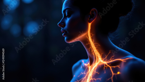 A woman experiencing VNS (vagal nerve stimulation) with a dramatic, glowing representation of her vagus nerve and the surrounding anatomy.