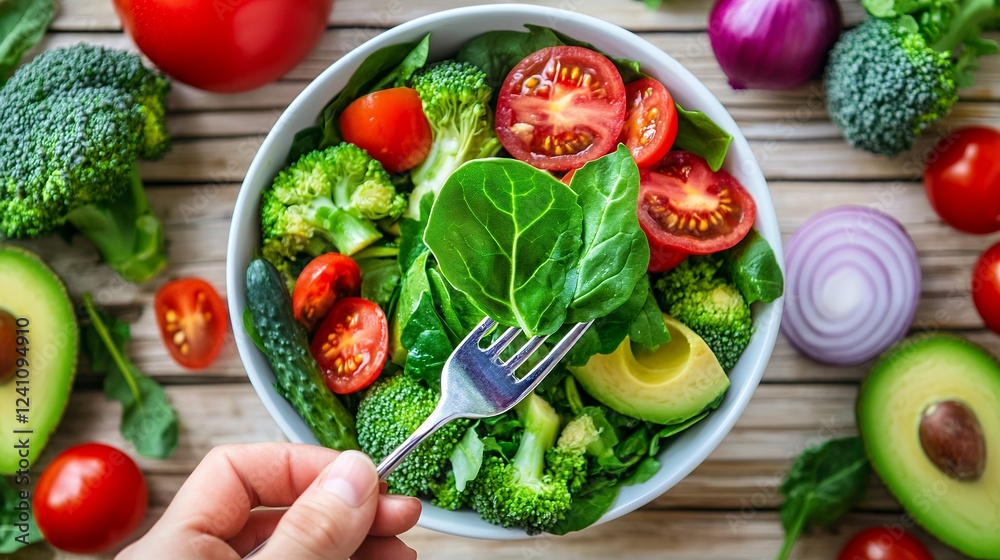 Overhead View of a Vibrant Vegetable Salad with Broccoli, Spinach Overhead View of a Vibrant Vegetable Salad with Broccoli, Spinach