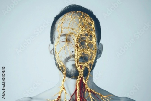 Conceptual image of a man s face with golden anatomical structures symbolizing the connection between mind and body, emphasizing health and wellness themes photo