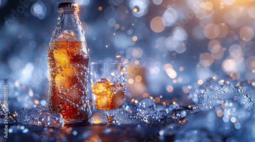Chilled soda bottle and glass capturing the essence of refreshing iced beverage surrounded by cool shimmering ice cubes under ambient bokeh lightingSoda