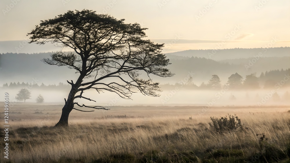 Serene Sunrise Landscape Solitary Tree in Misty Field Golden Hour Serene Sunrise Landscape Solitary Tree in Misty Field Golden Hour