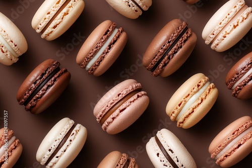 elegant umber background adorned with a charming pattern of assorted macarons, bringing a touch of sweetness and whimsy to dessert-themed designs