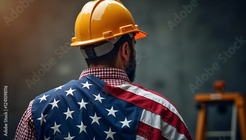 Construction worker wearing a hard hat and a shirt with the American flag pattern