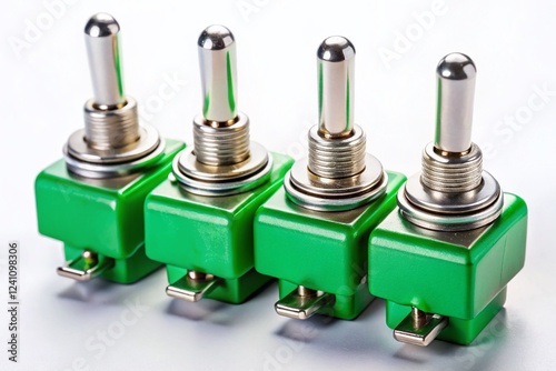 Green Toggle Switches, On/Off Buttons, Electrical Components, White Background, Product Photography photo