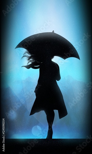 Woman with Umbrella in a Rainy Day silhouette art