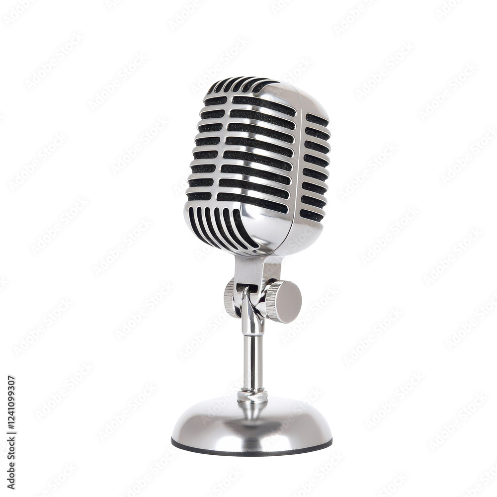 Fototapeta premium Classic vintage microphone on a stand, perfect for music and podcasting projects.