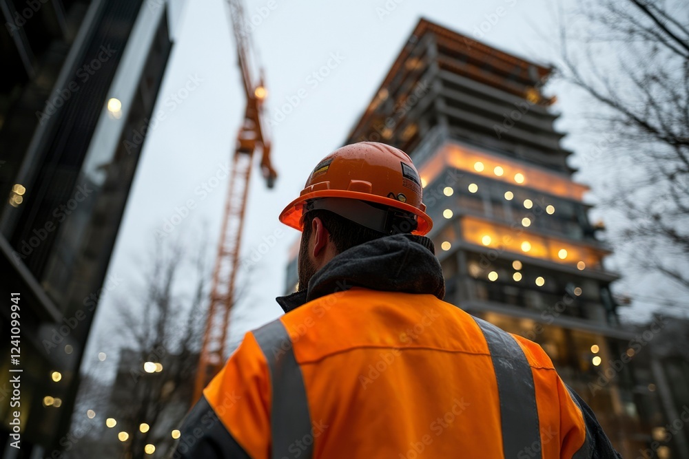 Construction Worker Observing Building Site Progress Construction Worker Observing Building Site Progress
