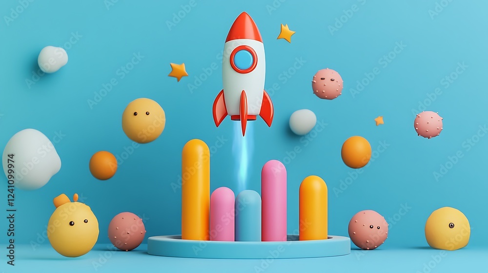 Obraz premium 3D icon of a rocket flying above a bar graph with blue background