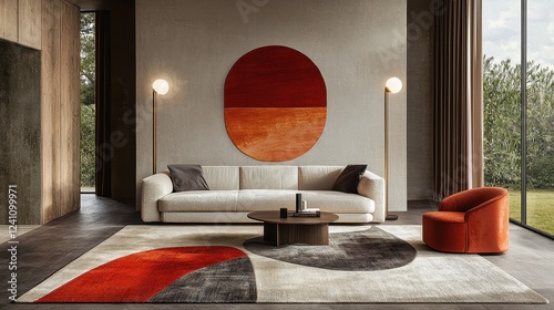 Contemporary Stylish Living Room Design Featuring Warm Tones and Elegant Area Rug in a Modern Space with Natural Light