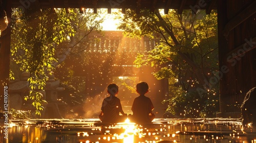 Tranquil Moment of Two Children Sitting by Glowing Water with Sun Rays and Sparkling Reflections in a Peaceful Forest SettingChildren