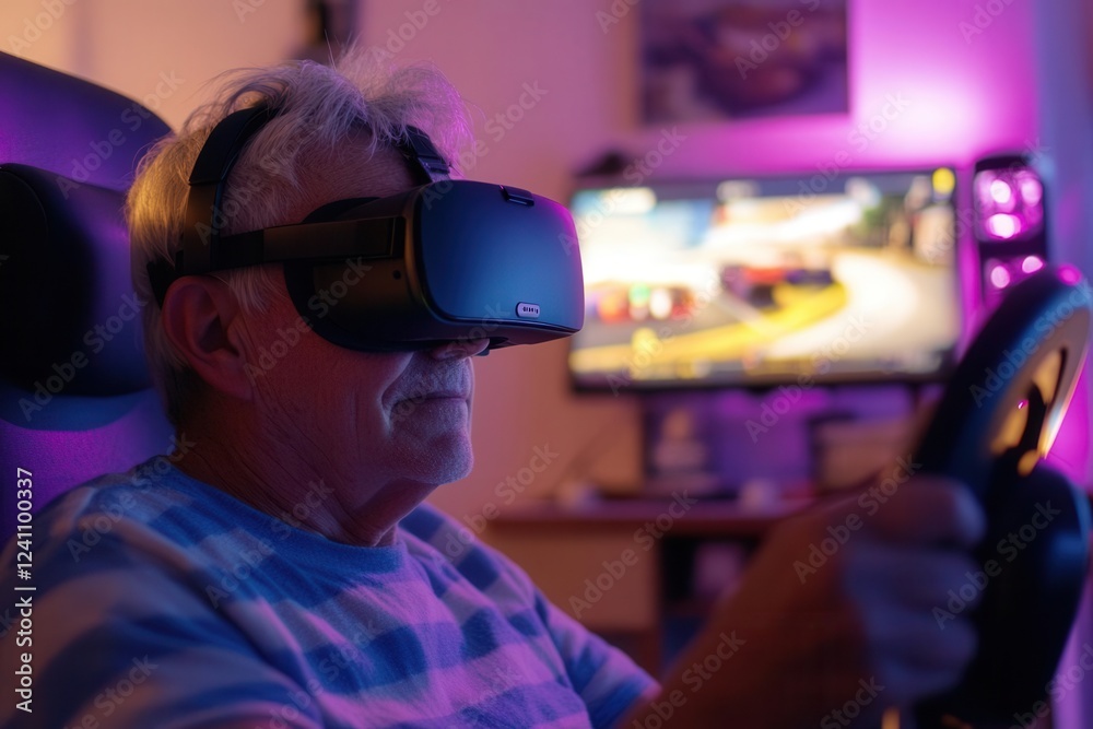 energetic senior playing virtual reality racing game, wearing vr headset, dynamic movement, colorful gaming room with led ambient lighting energetic senior playing virtual reality racing game, wearing vr headset, dynamic movement, colorful gaming room with led ambient lighting