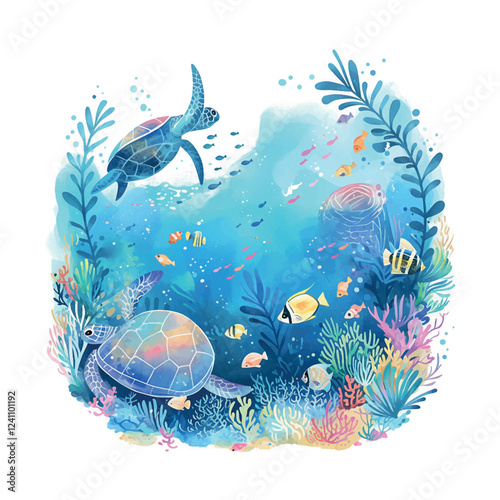 A turtle swims in the ocean with a school of fish. The water is blue and green, and the fish are swimming in different directions