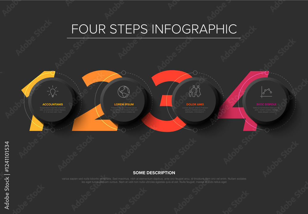 Four Step Dark Infographic Template with Colorful Numbers and big circle buttons