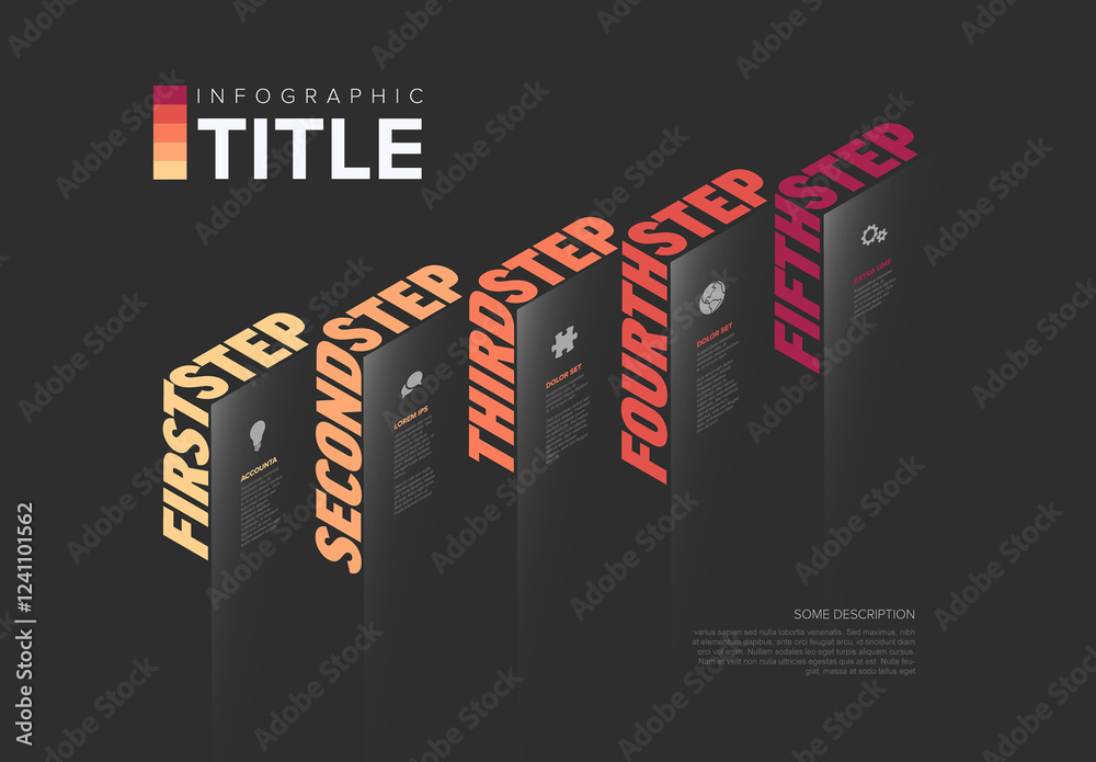 Five dark red Step Infographic Design Template with big Text on the edge
