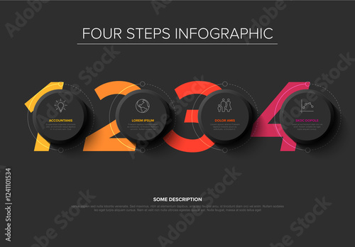 Obraz na płótnie Four Step Dark Infographic Template with Colorful Numbers and big circle buttons w salonie