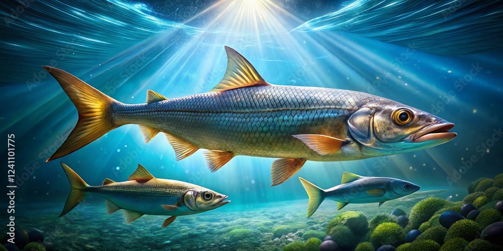 Naklejka premium Houndfish Hunting: Sunlight Dappled Underwater Scene with Small Fish