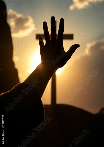 Silhouette of hand reaching towards sunset sky, outstretched arm, dramatic backlighting, golden hour glow, wispy clouds, hope and inspiration, spiritual awakening, photorealistic, high contrast, emoti photo