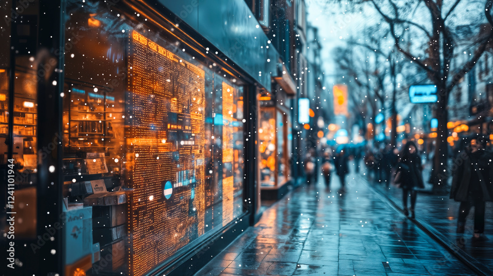 Fototapeta premium AI-Driven Retail Technology Enhances Product Displays with Automated Visuals in Urban Setting