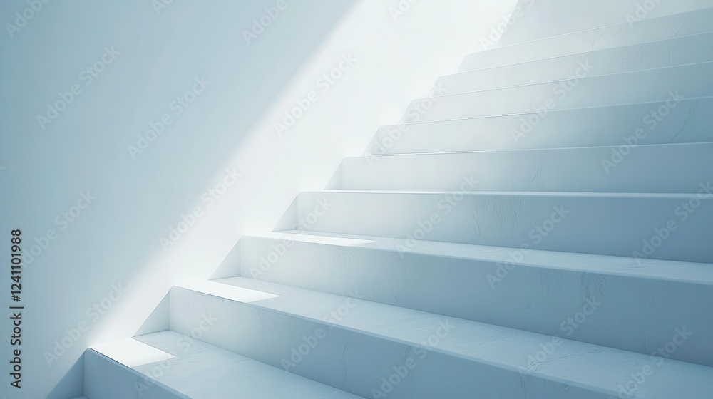 Light illuminates a modern white staircase ascending Light illuminates a modern white staircase ascending