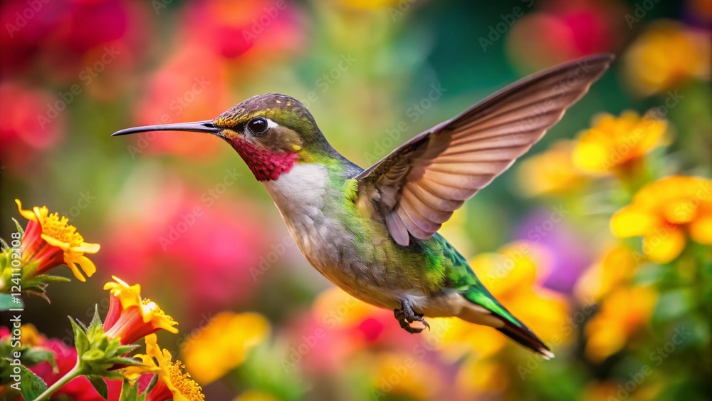 Fototapeta premium Hummingbird in Flight, Floral Burst, Nature Photography, Candid Wildlife Shot