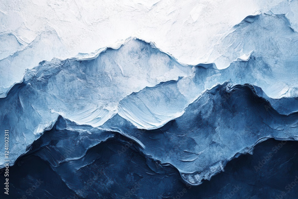 ethereal abstract seascape with sweeping indigo and pearl white brushstrokes, heavy impasto texture, dynamic movement, gallery lighting highlighting paint relief