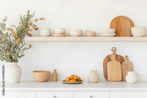 Wallpaper Mural Minimalist kitchen decor featuring wooden kitchenware, ceramics, and fresh lemons on a white countertop in a bright, airy setting Torontodigital.ca