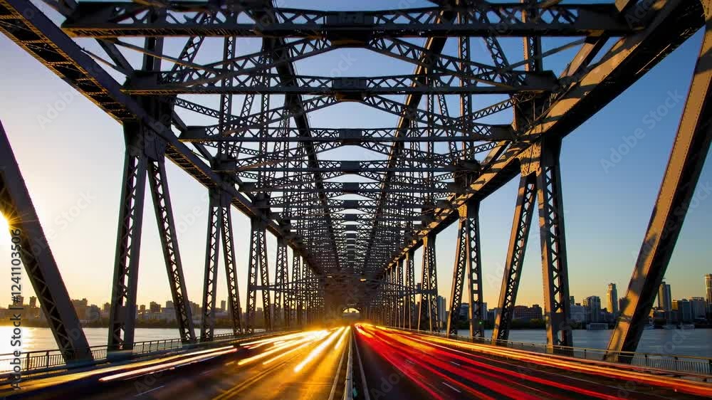 Light trails stream across an iconic bridge at sunset in a bustling city Light trails stream across an iconic bridge at sunset in a bustling city