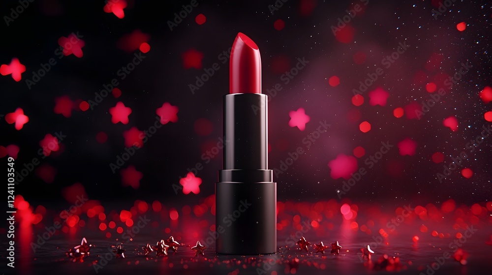 A dramatic and captivating beauty shot featuring a centrally positioned red lipstick tube surrounded by scattered red stars glowing under soft warm lighting A dramatic and captivating beauty shot featuring a centrally positioned red lipstick tube surrounded by scattered red stars glowing under soft warm lighting