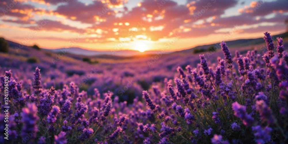 Fototapeta premium Serene Sunset over a Lavender Field Peaceful Nature Scene at Golden Hour