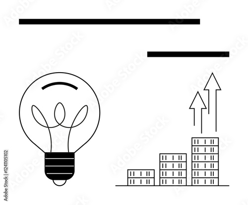 Light bulb beside upward arrows and stacked building blocks indicating innovation, growth, business success. Ideal for entrepreneurship, innovation, business strategy, progress, creativity