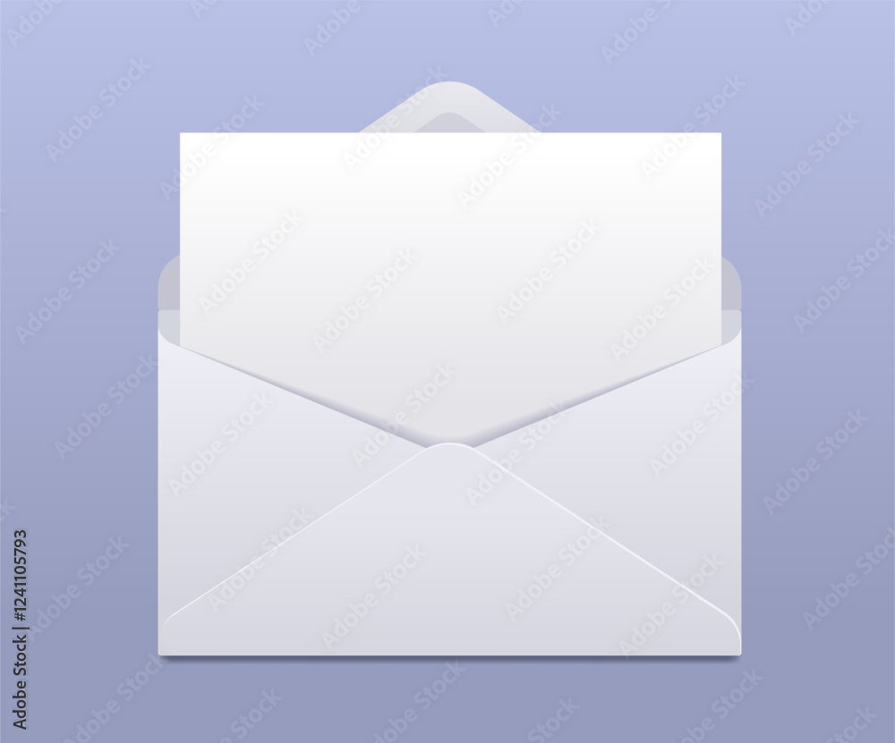 Open realistic white envelope with blank letter card inside on gray background. Vector template illustration Open realistic white envelope with blank letter card inside on gray background. Vector template illustration