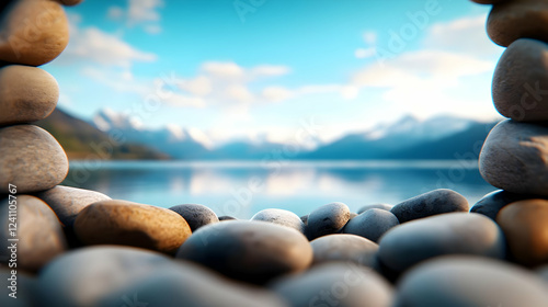 A serene view of pebbles framing a tranquil lake and distant mountains under a clear blue sky. photo