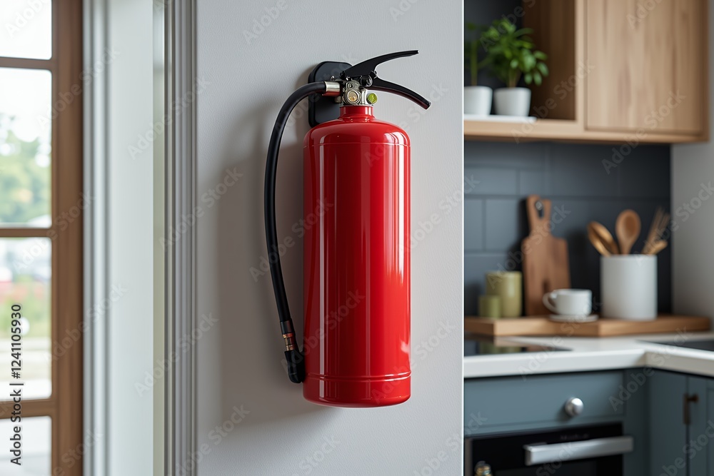 Obraz premium Red Fire Extinguisher Mounted on Wall in Modern Kitchen Safety