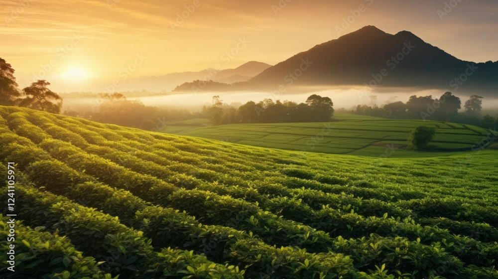 Naklejka premium Sunrise illuminating lush green tea plantation in rolling hills with fog