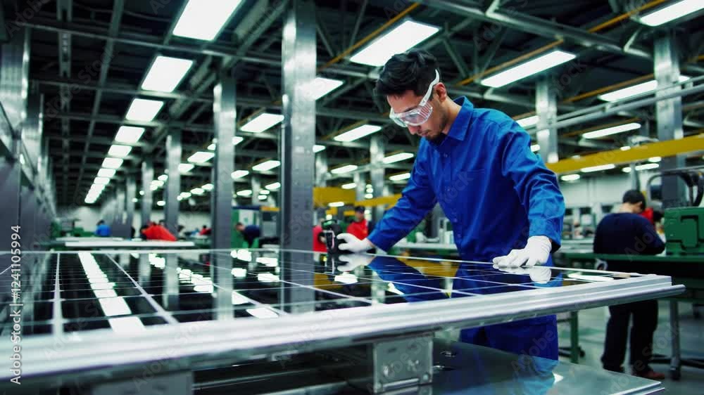worker inspects a solar panel in a factory setting worker inspects a solar panel in a factory setting