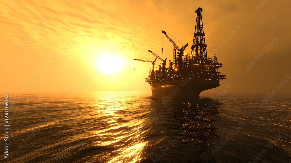 Obraz premium Aerial Perspective of a Massive Offshore Oil Drilling Platform Fully with Cranes and Equipment Bathed in the Golden Glow of the Sun Reflecting off the Ocean Waves