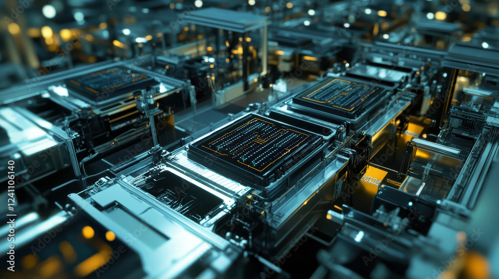 Aerial view of futuristic robotic assembly line for electric vehicles, showcasing intricate machinery and technology. scene is illuminated with vibrant colors, creating dynamic atmosphere Aerial view of futuristic robotic assembly line for electric vehicles, showcasing intricate machinery and technology. scene is illuminated with vibrant colors, creating dynamic atmosphere
