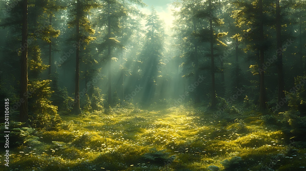 Fototapeta premium Sunbeams Illuminate Misty Forest Path