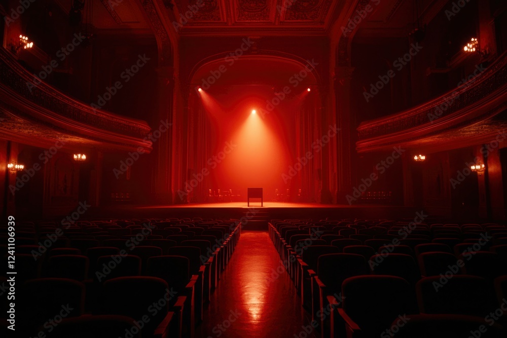 Naklejka premium Red Lit Theater Stage Awaits Performance