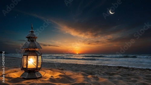 Lantern lights up sandy beach at sunset, with crescent moon in the evening sky