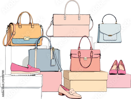 Vsai fashion bags and shoes displayed on pedestals, shopping and retail concept