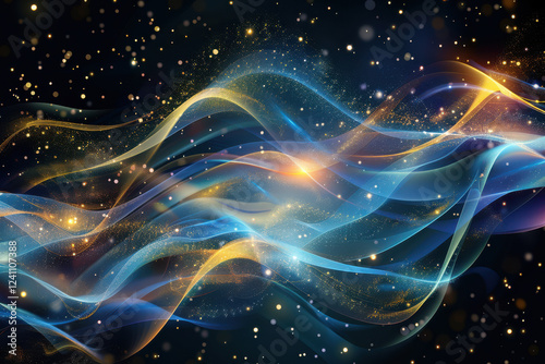 close up horizontal abstract illustration of glowing transparent shiny waves and particles