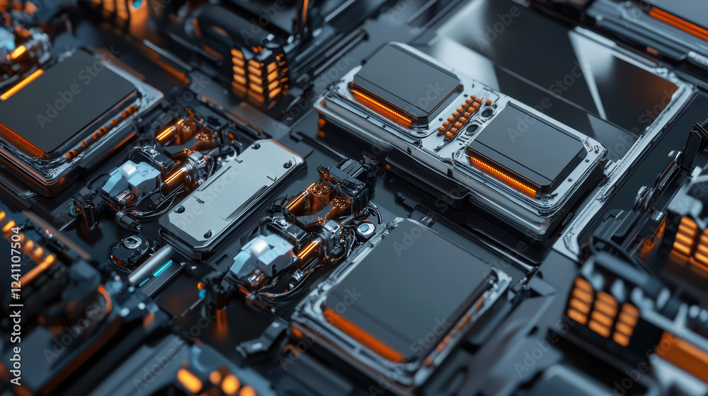 Aerial view of futuristic robot assembly line featuring electric car batteries, showcasing intricate components and glowing elements. scene highlights advanced technology and innovation Aerial view of futuristic robot assembly line featuring electric car batteries, showcasing intricate components and glowing elements. scene highlights advanced technology and innovation