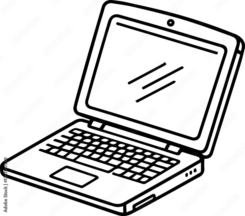 Black and white illustration of laptop, computer, notebook in hand drawn style