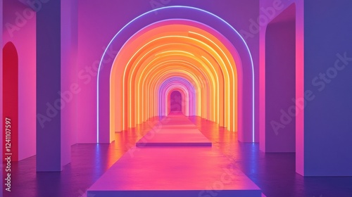 A long, narrow hallway with a pink floor and a blue light archway. photo