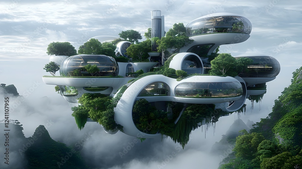 Breathtaking floating city constructed upon an intricate web of eco friendly modular structures seamlessly connected by lush green bridges in a visionary architectural design