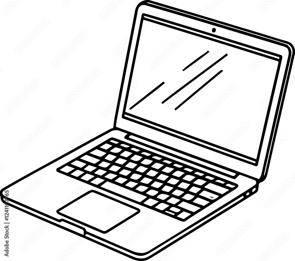 Black and white illustration of laptop, computer, notebook in hand drawn style Black and white illustration of laptop, computer, notebook in hand drawn style