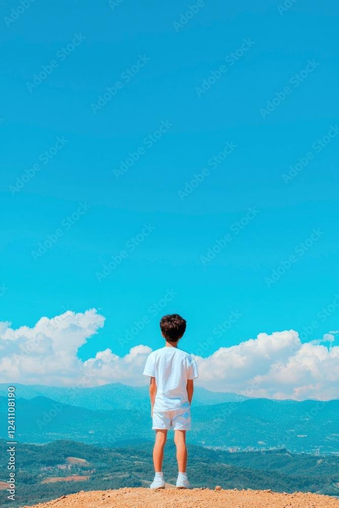 Child Gazing at Majestic Mountain Landscape Under a Vibrant Sky Child Gazing at Majestic Mountain Landscape Under a Vibrant Sky
