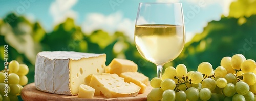 A refreshing summer picnic: White wine, creamy brie, assorted cheeses, and ripe green grapes create a delightful and relaxing atmo photo